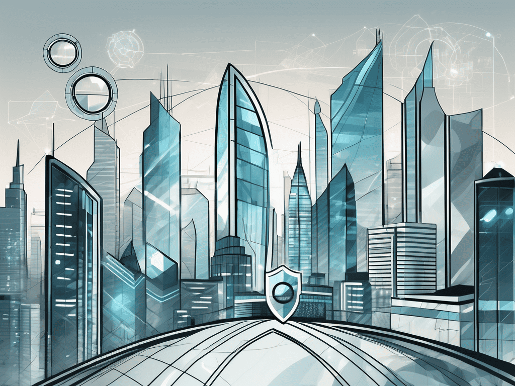 A futuristic city skyline filled with high-tech buildings