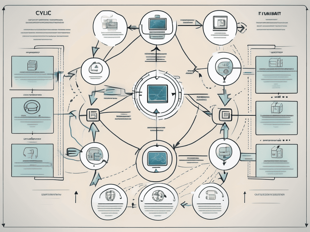 A cyclic flow chart with various tech-related icons