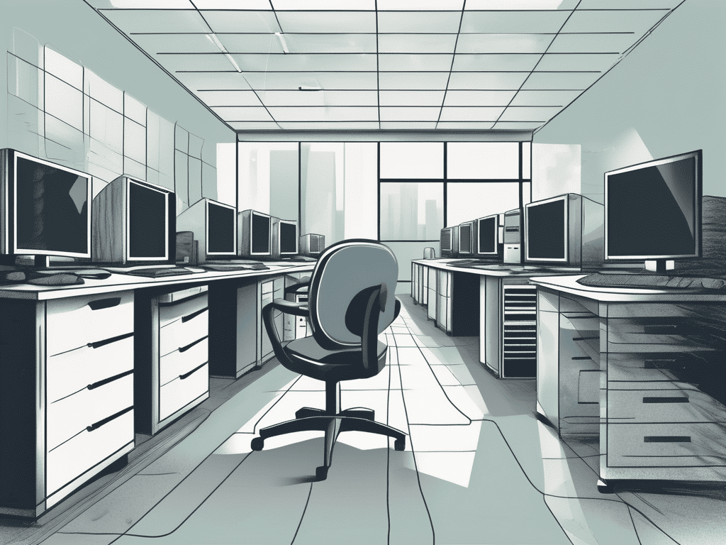 A modern office space filled with computers